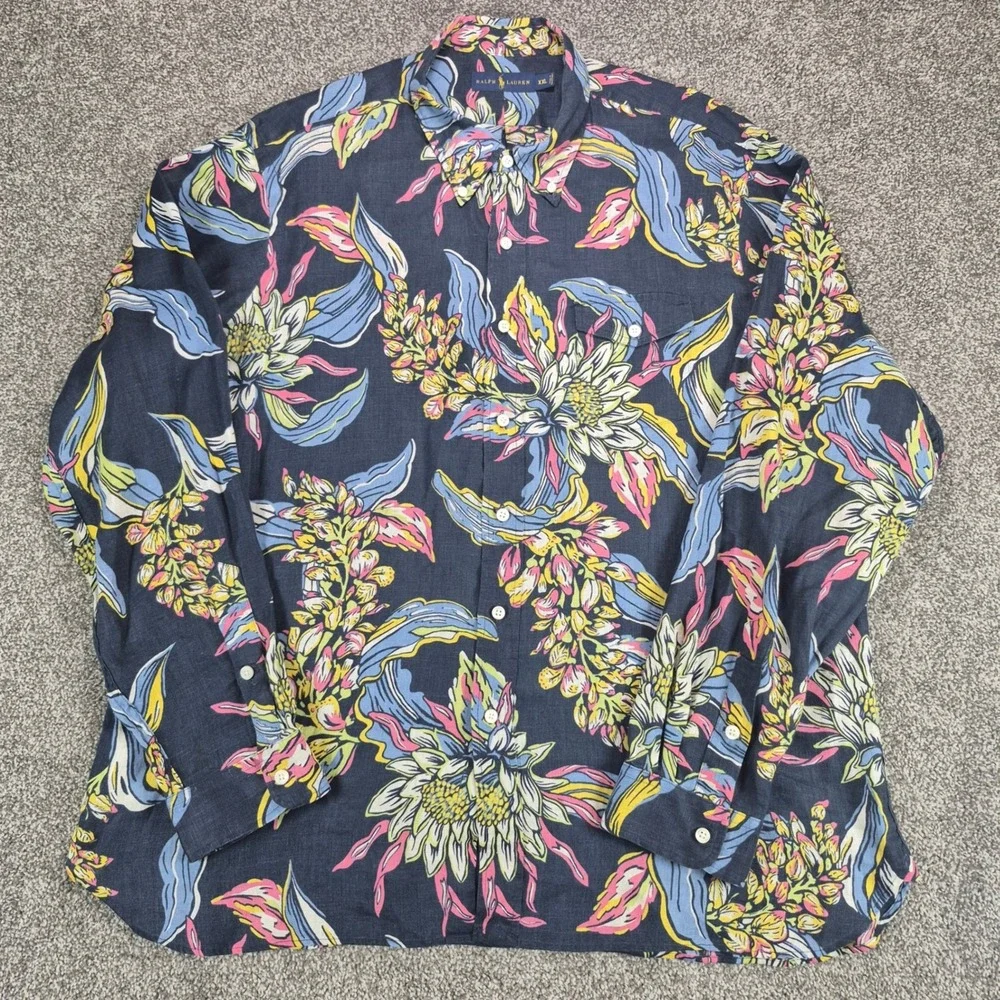 Ralph Lauren 100% Linen Shirt Mens XXL Navy Floral Long Sleeve Button Down